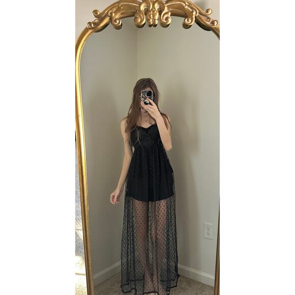 NWT Vintage Indulgence Black Sheer Lace Polka Dot Floral Ribbon Night Slip Dress - Picture 2 of 12